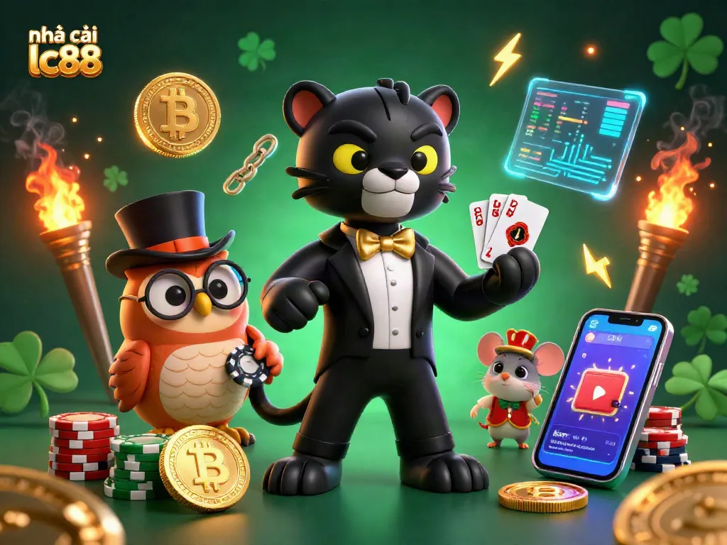 Experience vibrant gaming with nhà cái lc88 as the panther deals cards with crypto coins illuminating the scene.