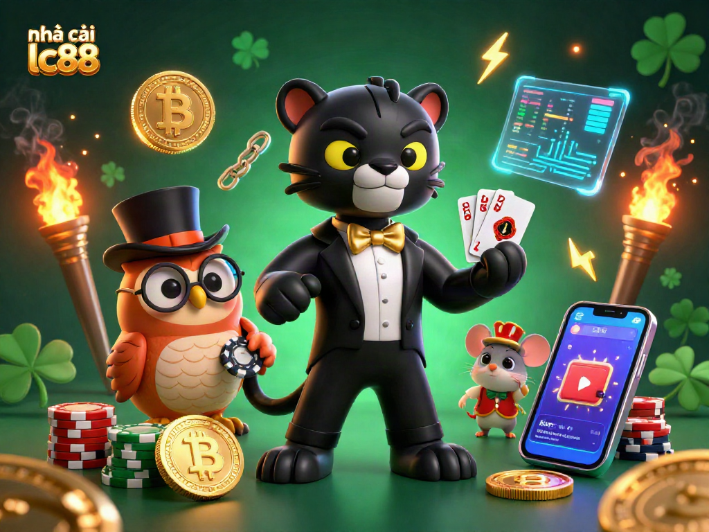 Experience vibrant gaming with nhà cái lc88 as the panther deals cards with crypto coins illuminating the scene.