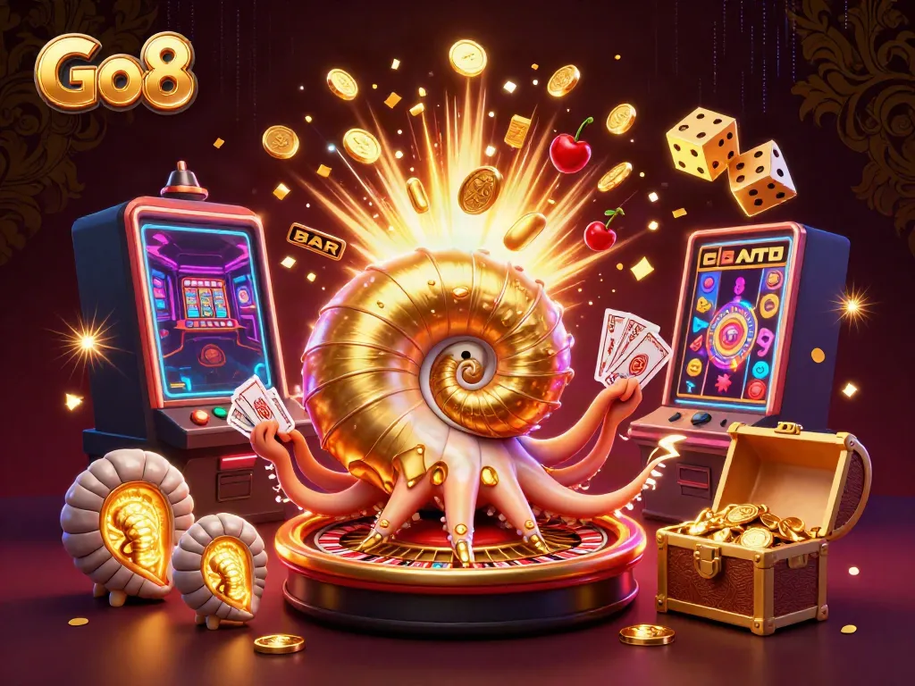 Engage with Go8's thrilling casino experience through a vibrant 3D illustration featuring giant nautilus and explosive jackpot.