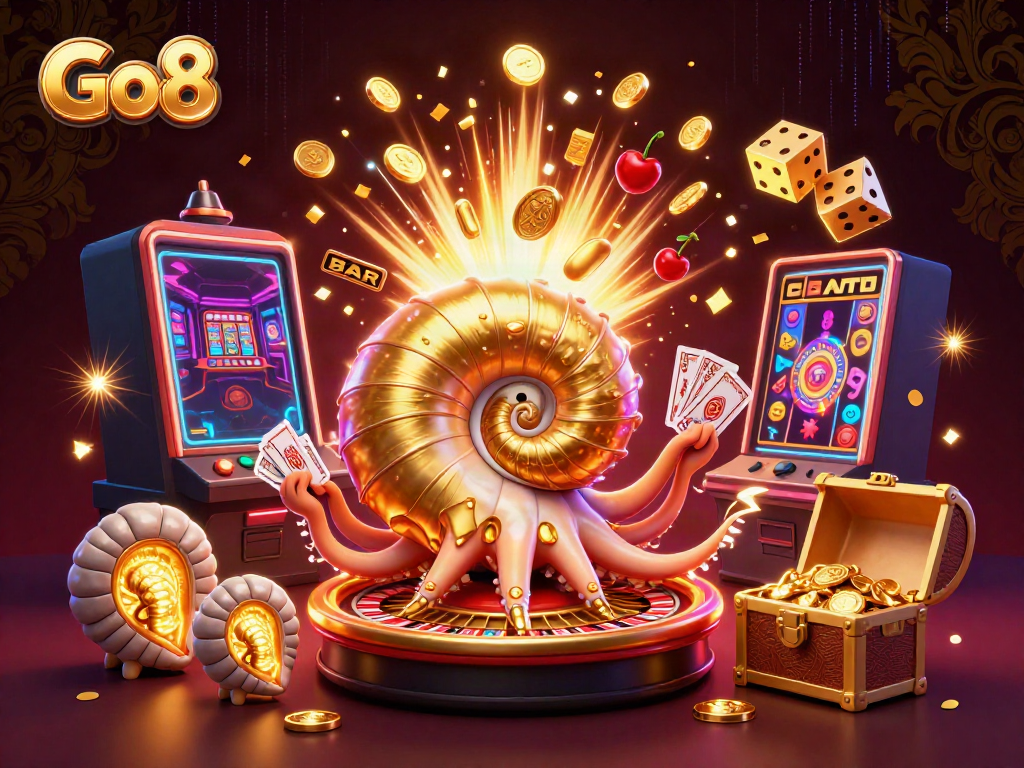 Engage with Go8's thrilling casino experience through a vibrant 3D illustration featuring giant nautilus and explosive jackpot.