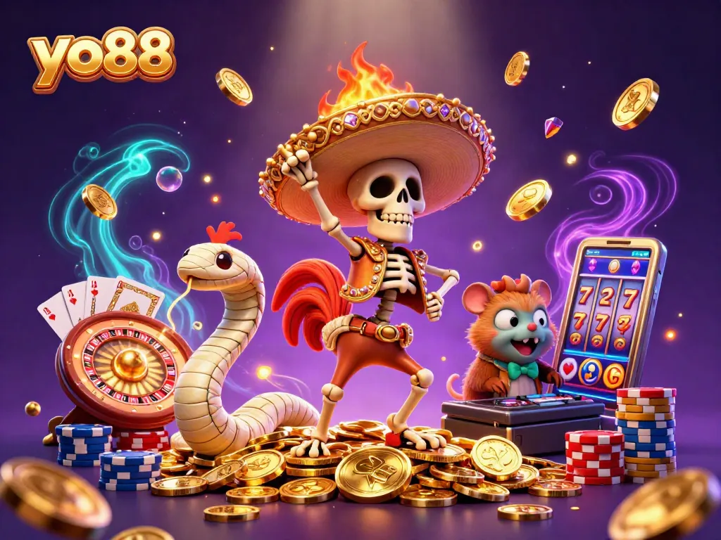 Engage with entertaining yo88 casino action featuring characters celebrating over a pile of coins.