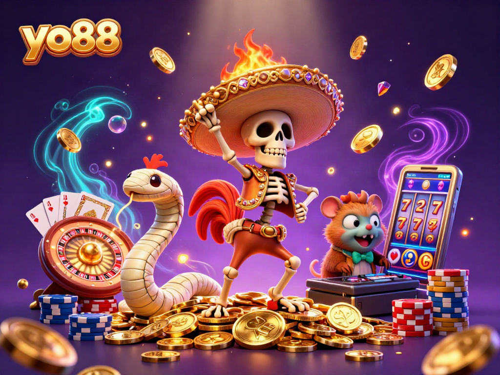Engage with entertaining yo88 casino action featuring characters celebrating over a pile of coins.