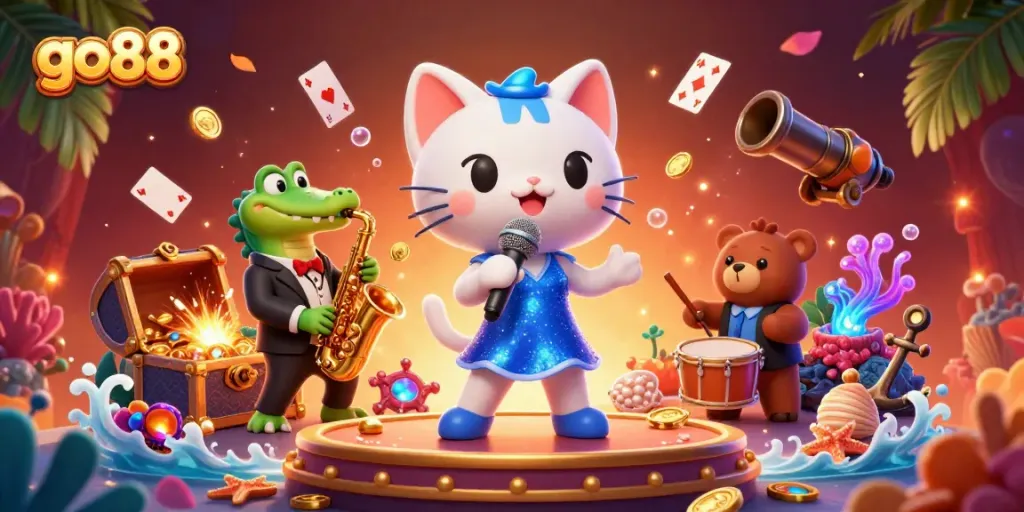 Experience vibrant action at go88 with stylish characters, treasure, and casino elements in this dynamic scene.