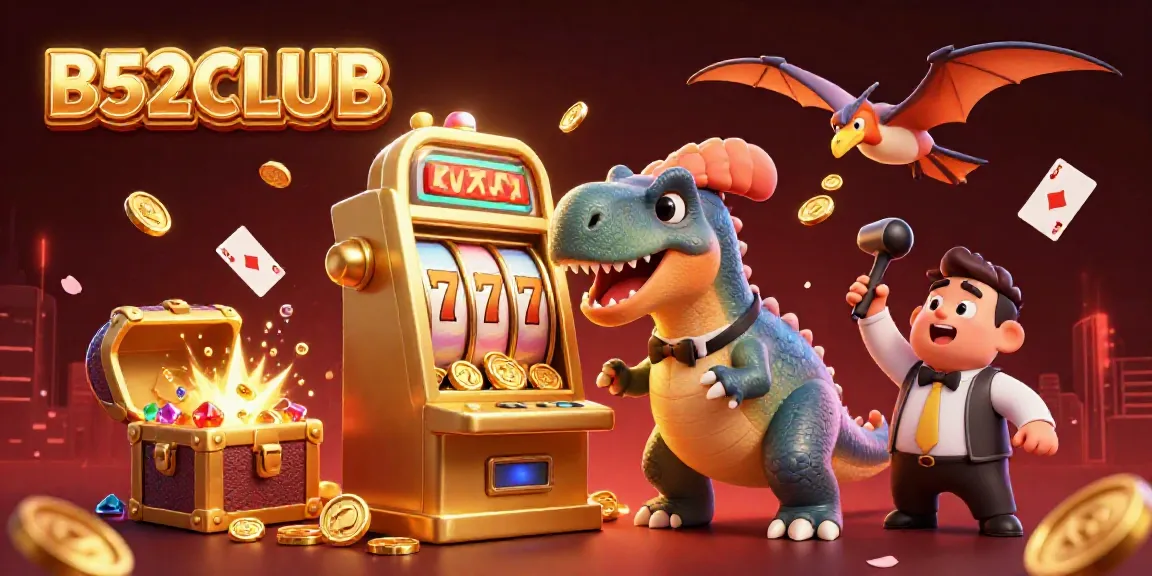 B52CLUB attracts excitement as a cartoon dinosaur wins a jackpot at a vibrant casino scene.