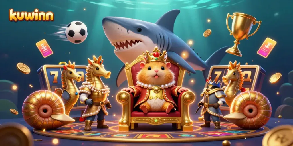 Kuwinn promotes vibrant casino vibes with a dynamic cartoon scene featuring a fierce hamster king enthroned, spinning slots, and sports elements.