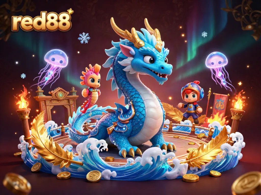 Catch thrilling moments at red88 with a vibrant scene of a dragon, seahorse knight, and neon jellyfish.