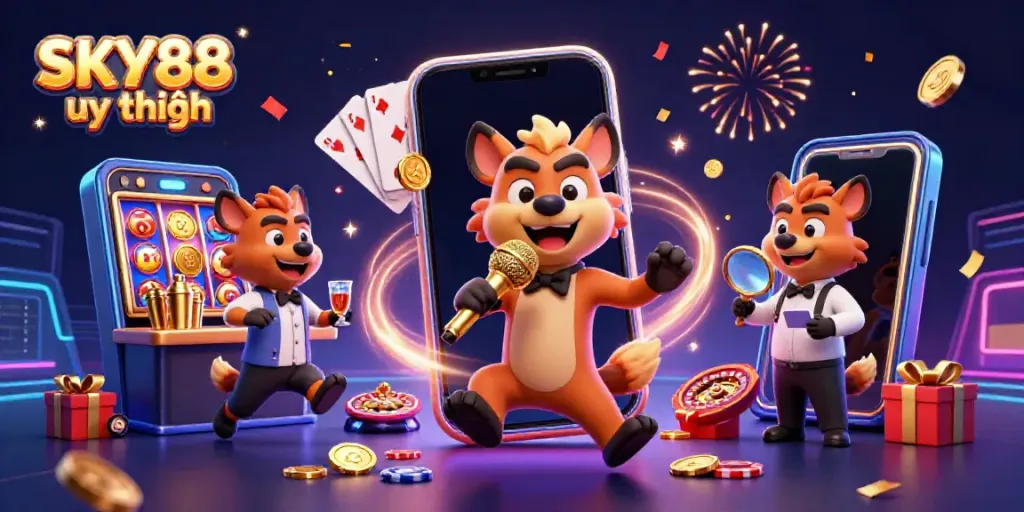 Engage with the lively comedy casino scene featuring SKY88 uy tín, showcasing hyenas at a fun-filled club.