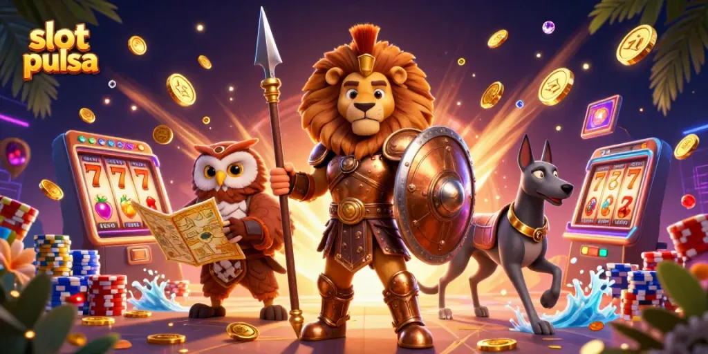 Experience thrilling slot pulsa action with a vibrant 3D illustration featuring dynamic casino elements and engaging characters.