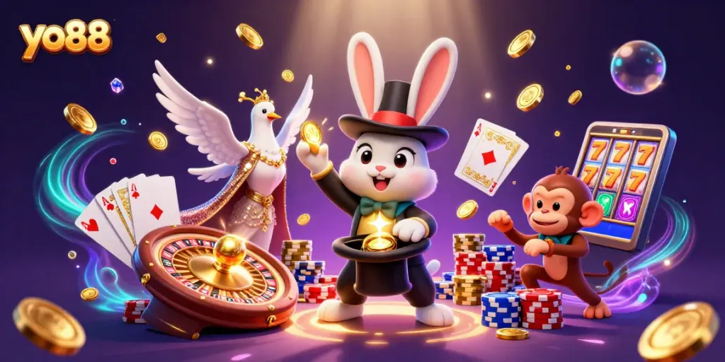 yo88 magician rabbit pulls coins in a vibrant 3D casino scene filled with excitement