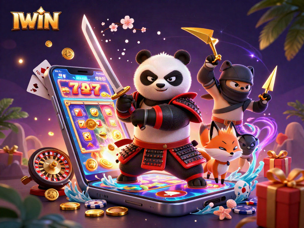 IWIN: Engage in thrilling slot gaming adventures with an animated samurai panda and friends.