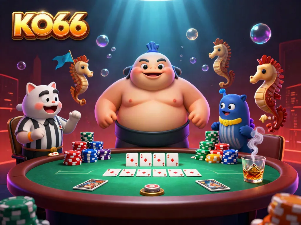 Experience excitement at KO66 with a lively underwater casino scene featuring a sumo-style fugu, poker elements, and vibrant marine spectators.
