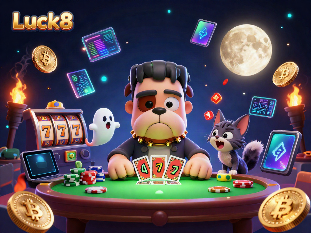 Luck8 offers a vibrant 3D casino scene with a bulldog dealer, ghost mouse, and niche-specific elements.