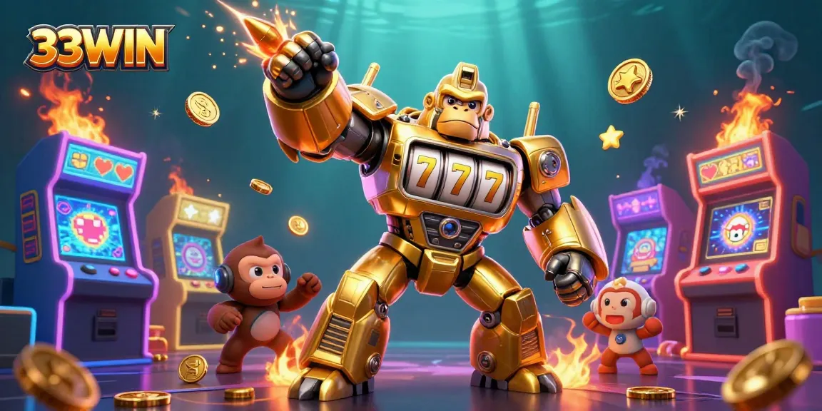 Engage with 33WIN's thrilling gaming experience featuring a golden gorilla mech and dynamic arcade elements.
