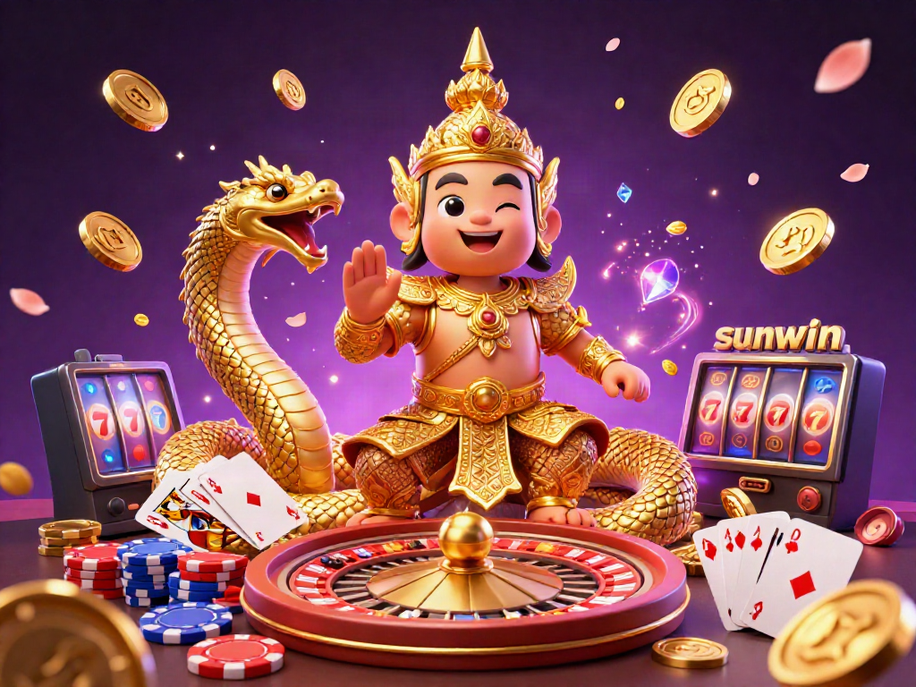 Experience sunwin's dynamic casino illustration with vibrant characters and casino elements.